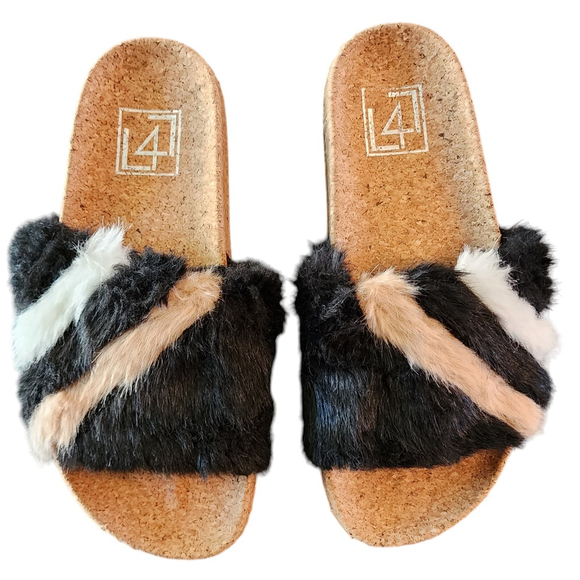 L4L Ace Black Blush Pink & White Faux Fur Slide Sandal 7 - Picture 4 of 14